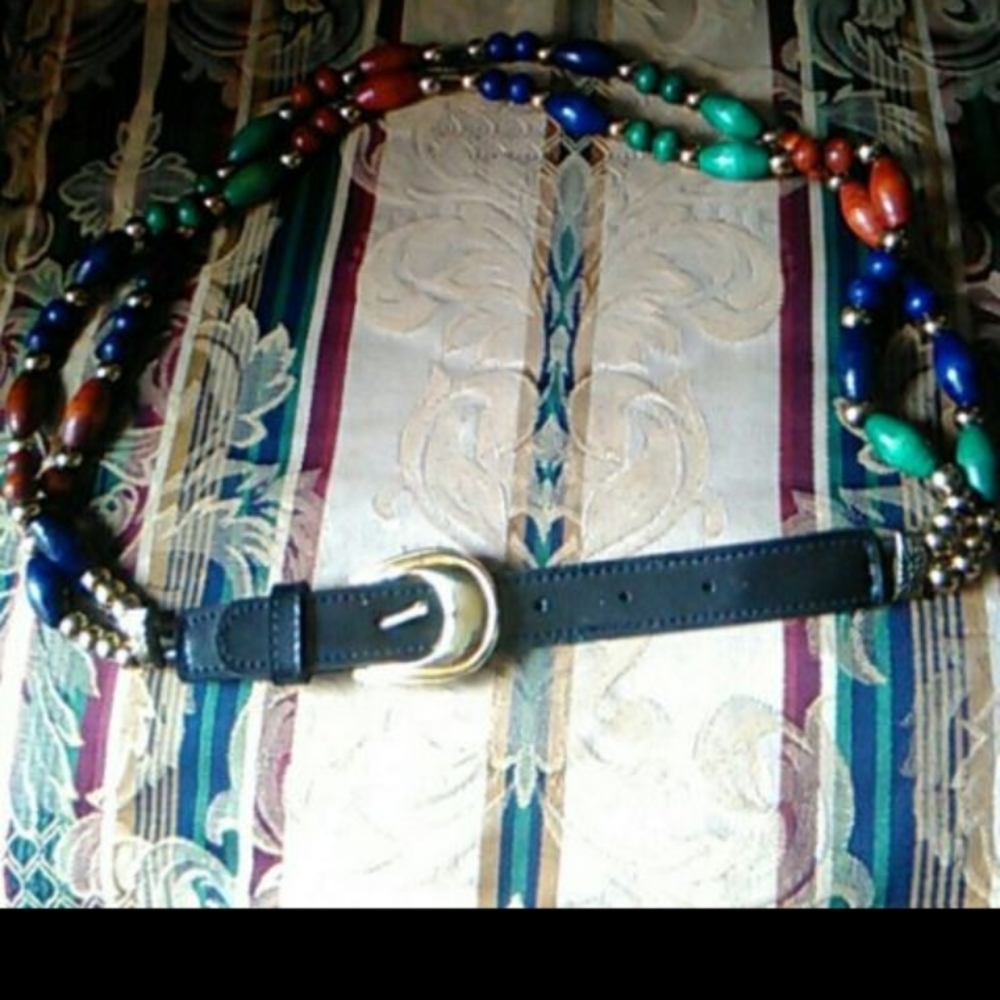 Vintage Multicolor Beaded Belt with Gold Buckle